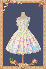 Yellow [Macarons Dolly House] Square Collar Sleeveless Printed Bow Sweet Lolita Jsk Dress - Product - 4