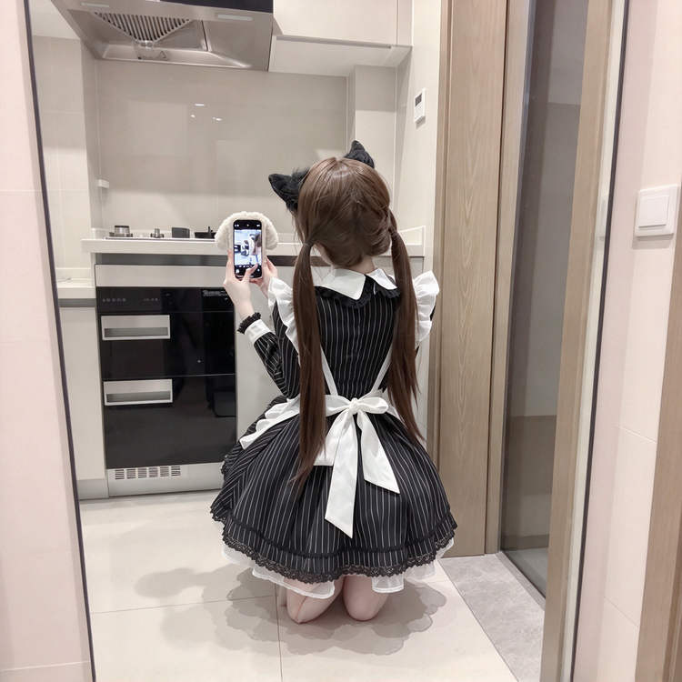 Black Striped Maid Lolita Dress with Apron Bow Accent - view 7