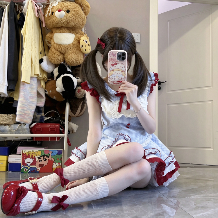 Light Blue and Red Gingham Ruffled Lolita Dress with Lace Trim - view 7