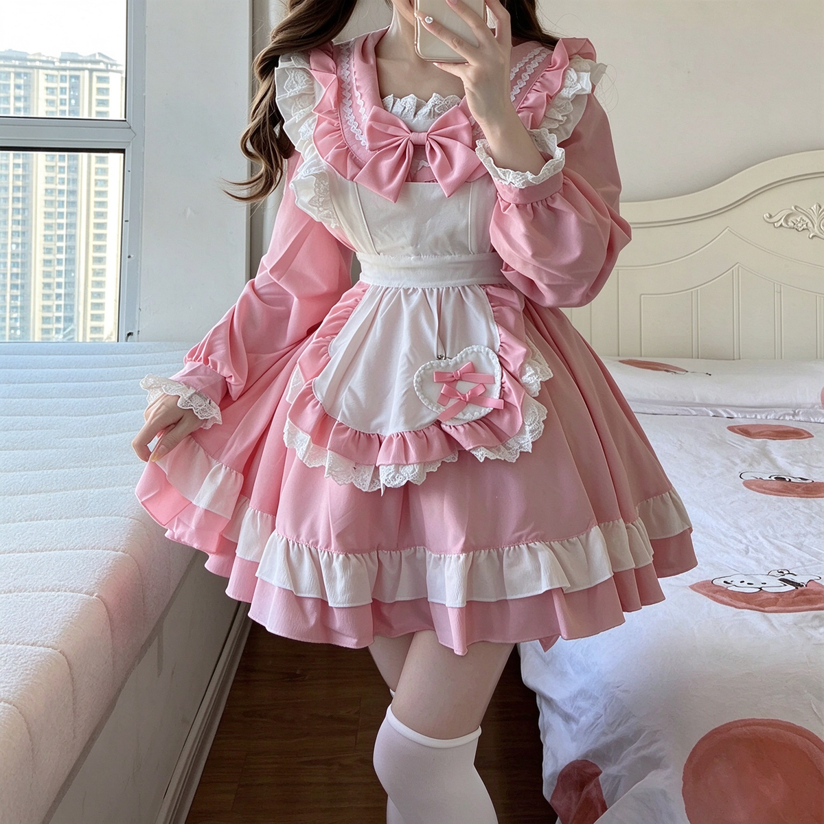 Light Blue Ruffled Sailor Collar Maid Lolita Dress with Apron Bow Accent - view 5