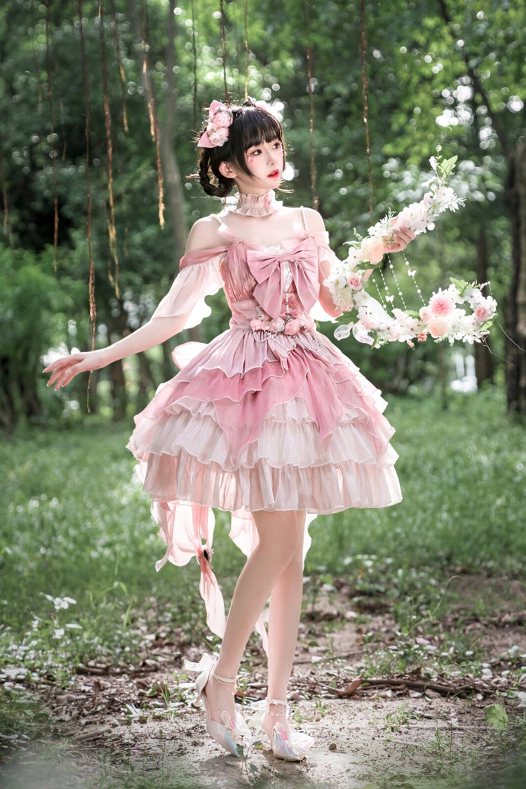 Pink Multi-layer Ruffle Hanayome Bowknot Sweet Elegant Princess Gorgeous Lolita Jsk Dress - image 3