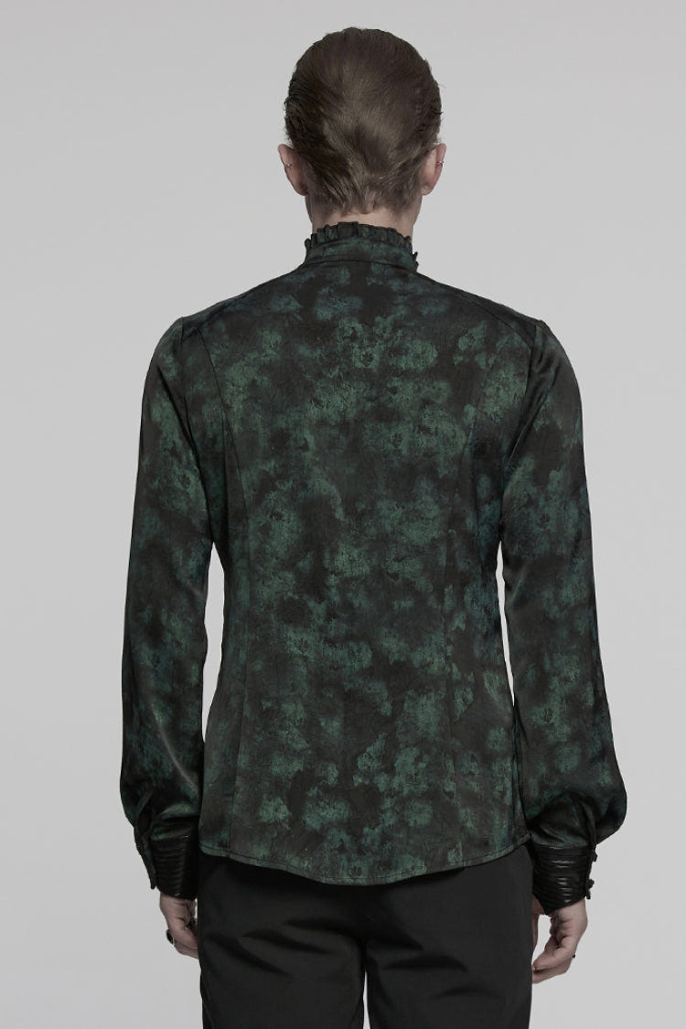 Black/Green Stand Collar Long Sleeves Ruffle Pleated Men's Gothic Blouse - Product - 3