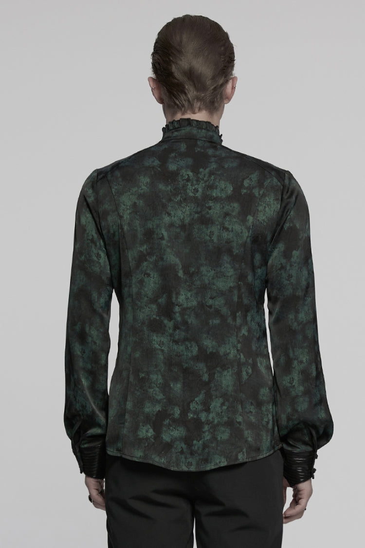 Black/Green Stand Collar Long Sleeves Ruffle Pleated Men's Gothic Blouse - Product - 3