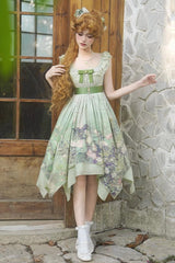 Green [Blooming Roses] Print Oil Painting Chiffon Ruffle Bowknot Irregular Sweet Lolita Jsk Dress - Product - 16