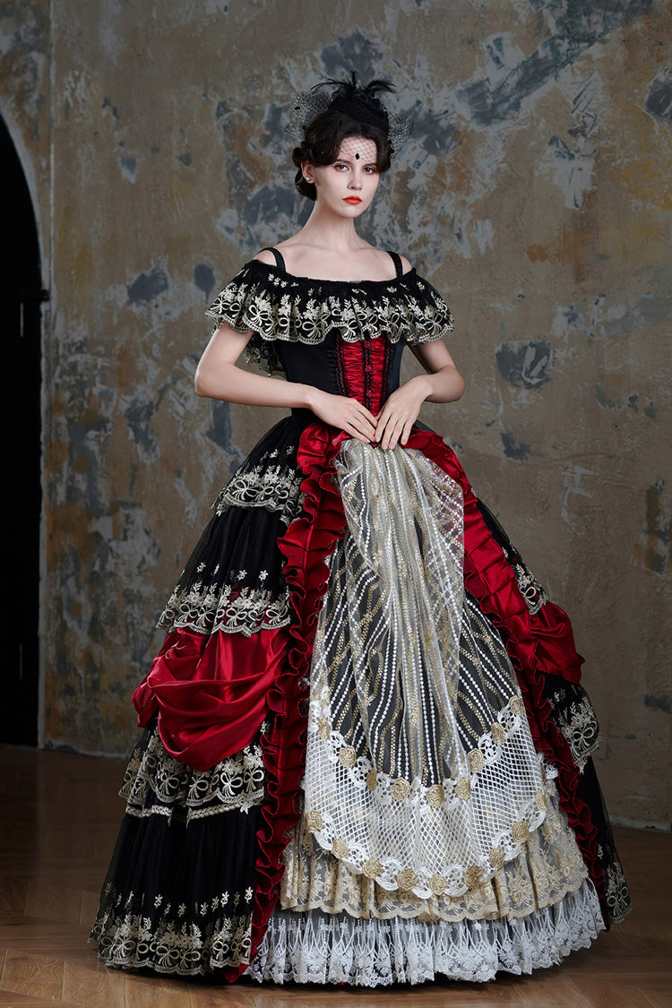 Black/Red Off Shoulder Short Sleeves Multi-Layered Ruffled Open-Front Mesh Gothic Vintage Palace Lolita Victorian Dress - Product - 8