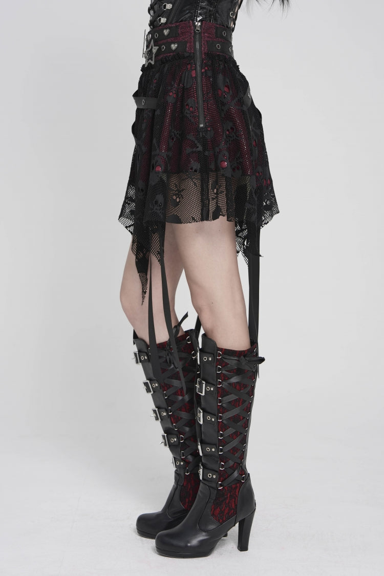 Black/Red Double-Layered Lace Lace-Up Irregular Mesh Eyelet Women's Punk Skirt - Product - 7