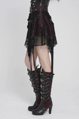 Black/Red Double-Layered Lace Lace-Up Irregular Mesh Eyelet Women's Punk Skirt - Product - 7
