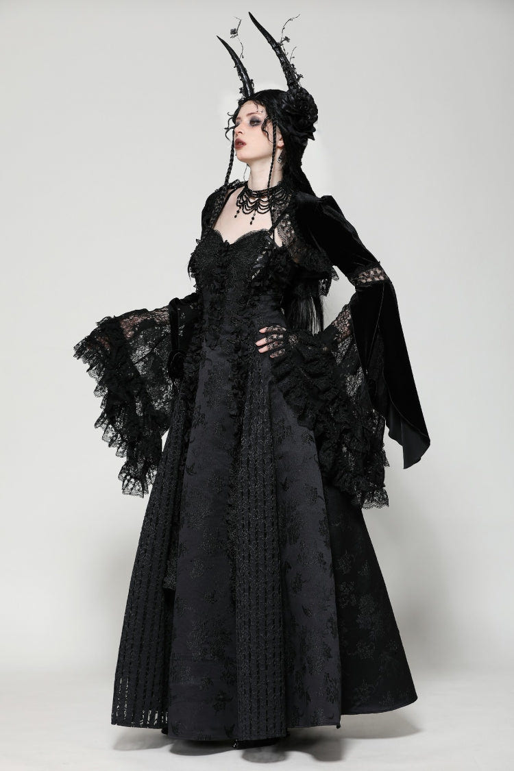 Black Long Puff Flared Sleeves Ruffled Lace Spliced Velvet Women's Gothic Cape - Product - 2