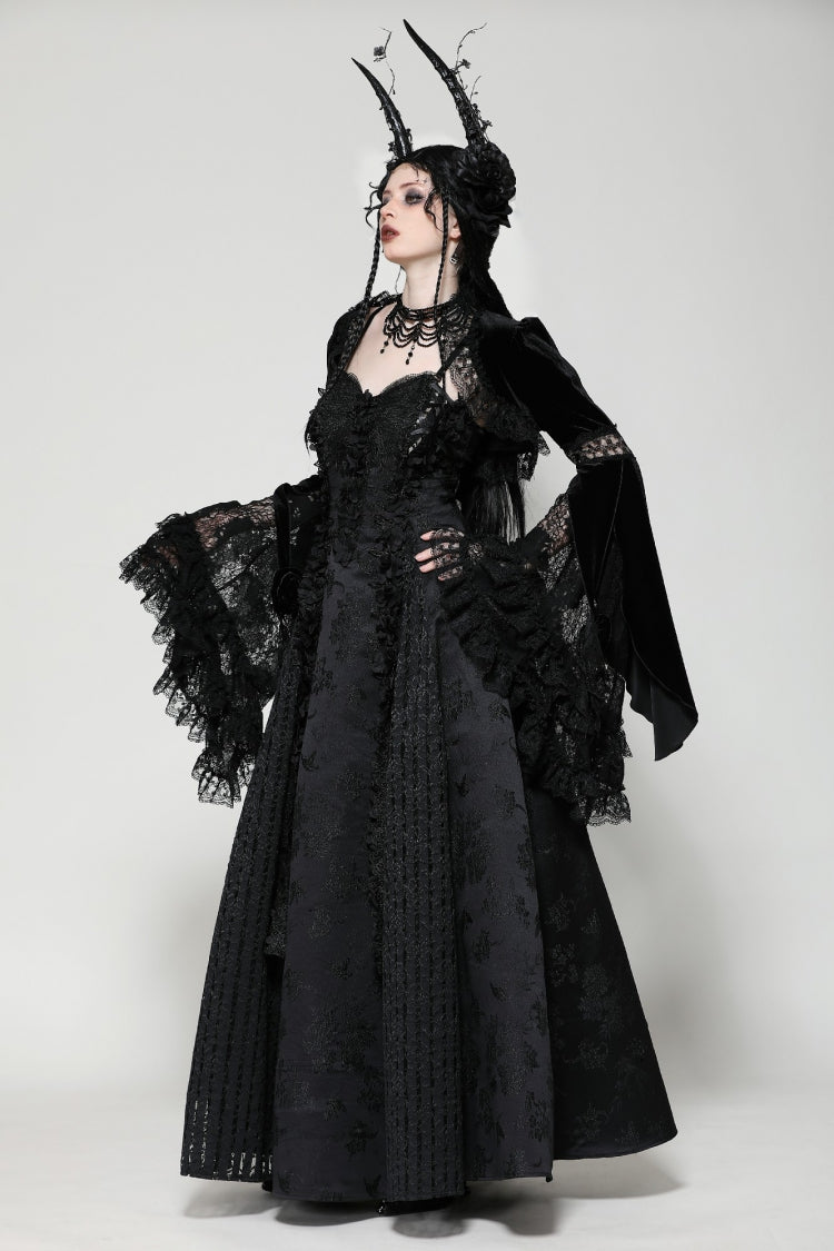 Black Long Puff Flared Sleeves Ruffled Lace Spliced Velvet Women's Gothic Cape - Product - 2