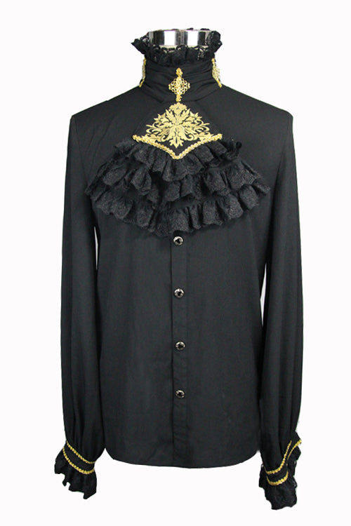 Black Chiffon Chest Embroidery Lace Sleeves Mens Gothic Blouse - Product - 4