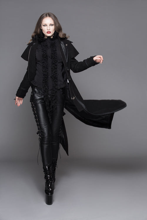 Black Fake Two Pieces Game Style Woollen Womens Punk Coats - Product - 2