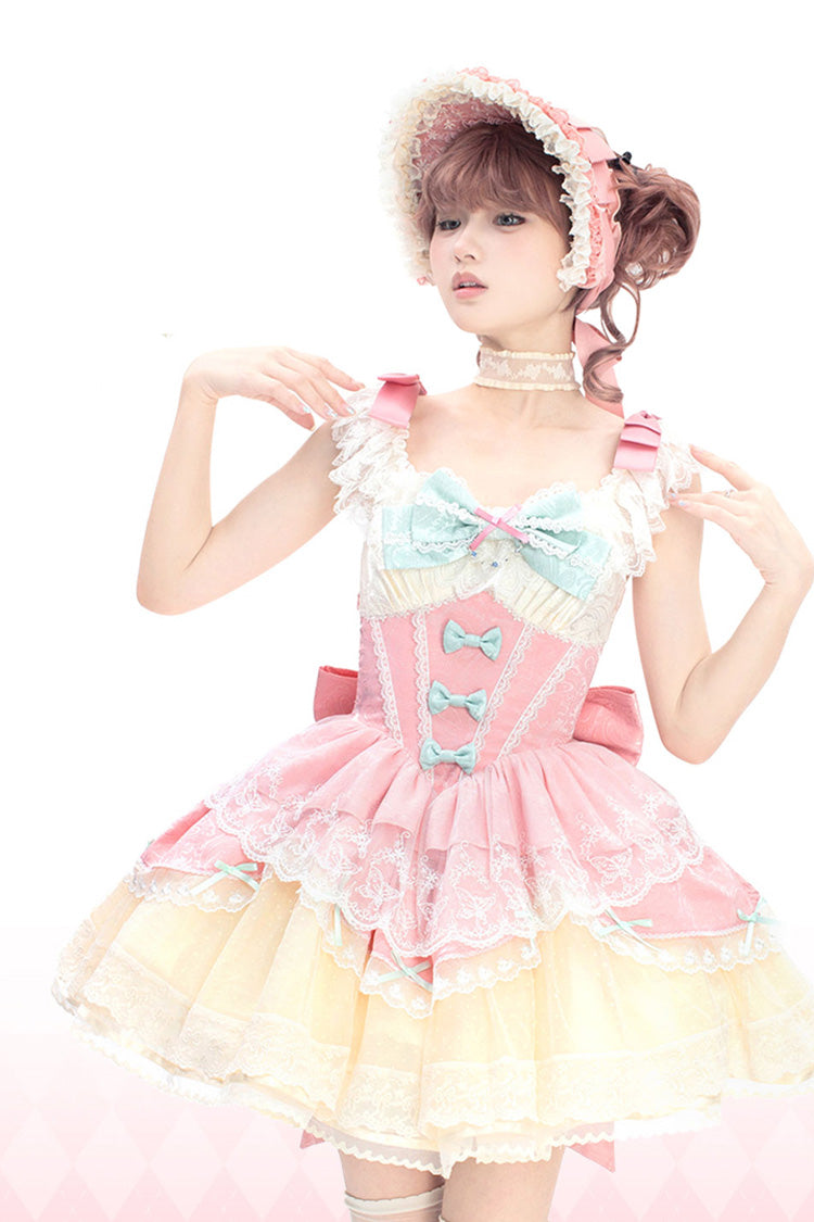 Pink [Parfait Romance] Sleeveless Ruffle Bowknot Lace Sweet Elegant Ballet Lolita Jsk Dress - Product - 3