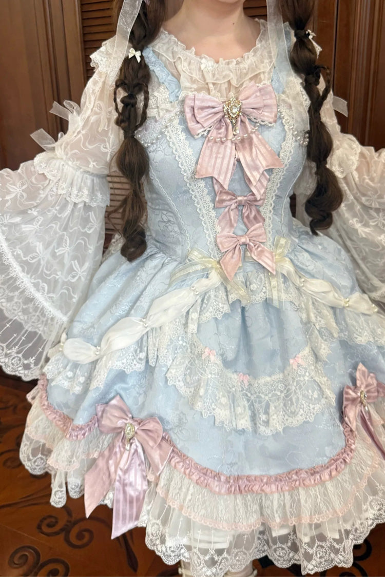 Blue/Pink [Prelude of Ribbons] Square Collar Sleeveless Jacquard Ruffled Open-Front Bow Lace Pearl Detail Floral Wall Plus Size Sweet Lolita Jsk Dress - Product - 6