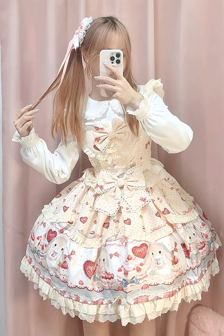 イエロー [Cute Rabbit Party] ノースリーブ 二層 プリント フリル リボン スウィートロリータ ジャンパースカート（JSK） 商品画像