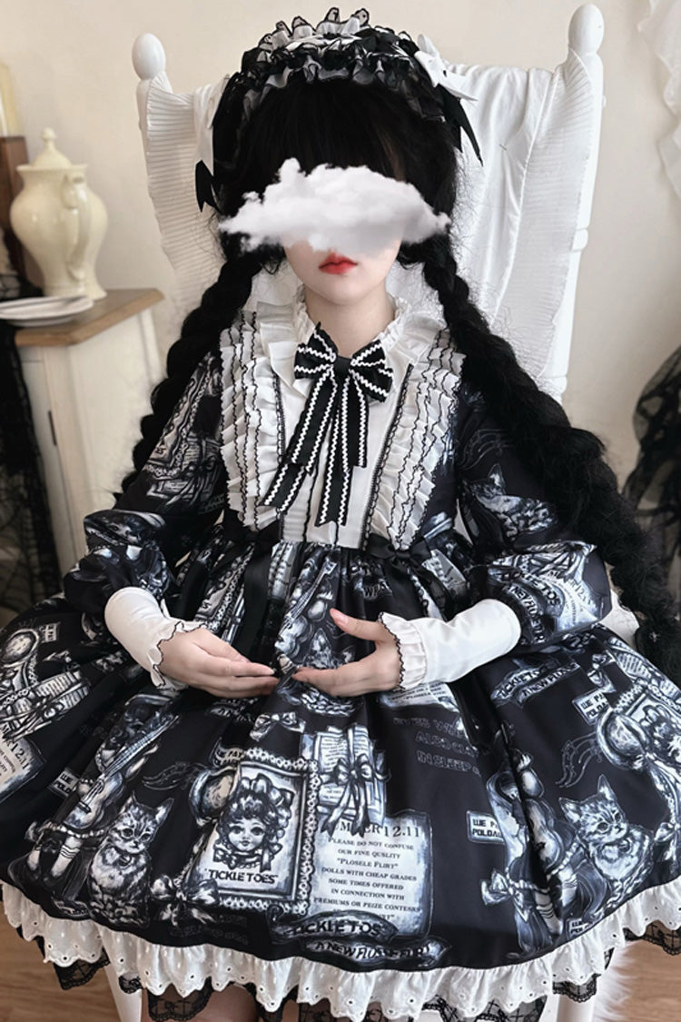Black [Antique Cat] Print Long Sleeves Ruffle Bowknot Gothic Princess Lolita Dress - Product - 3