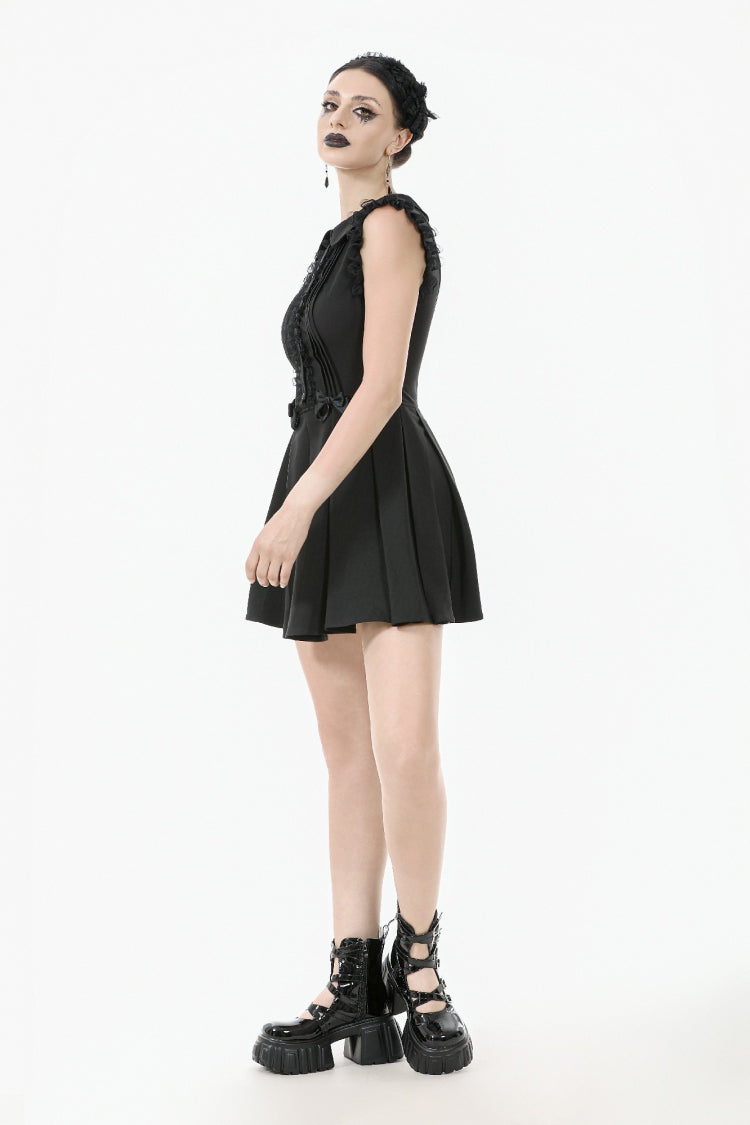 Black Peter Pan Collar Sleeveless Bowknot Pleated Women's Gothic Graduation Dress - Product - 11