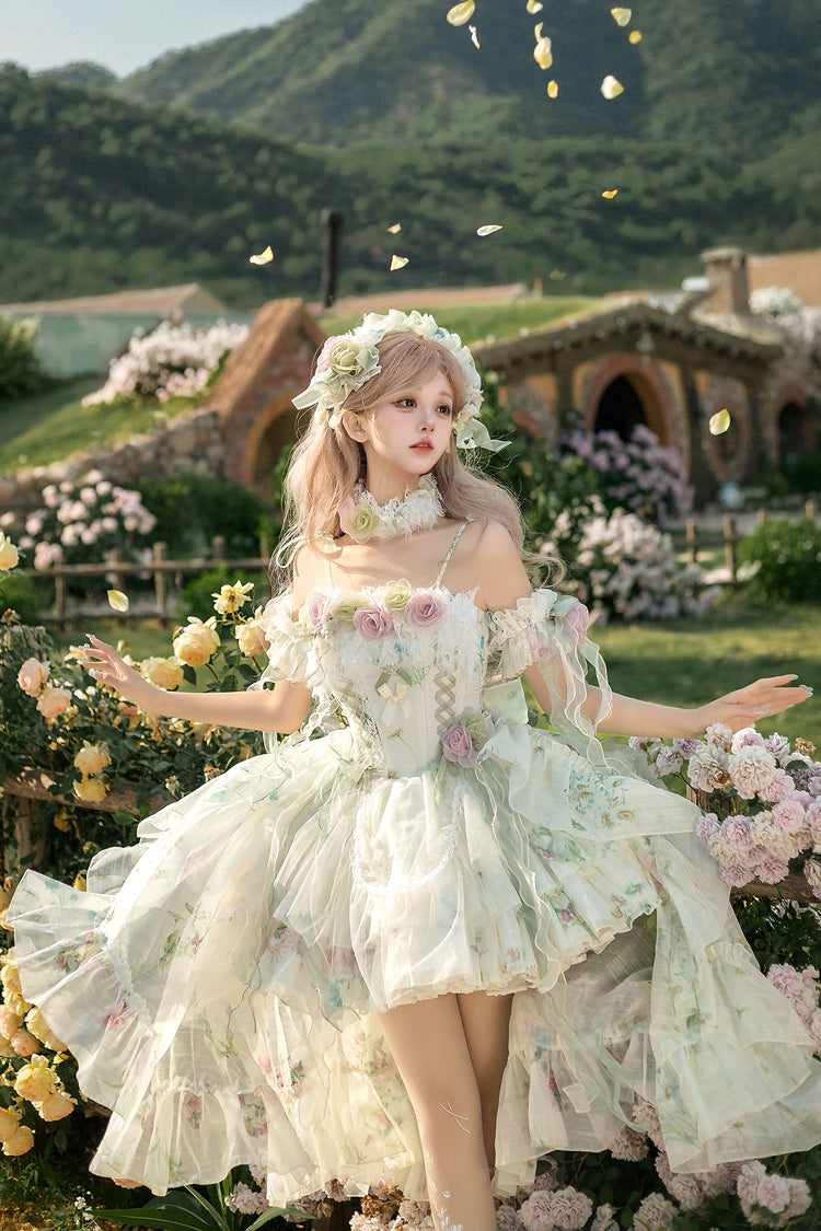 Green [Spring Rose] Sleeveless Multi-Layered Bowknot Lace-Up Fishbone Sweet Lolita Jsk Dress - Product - 2