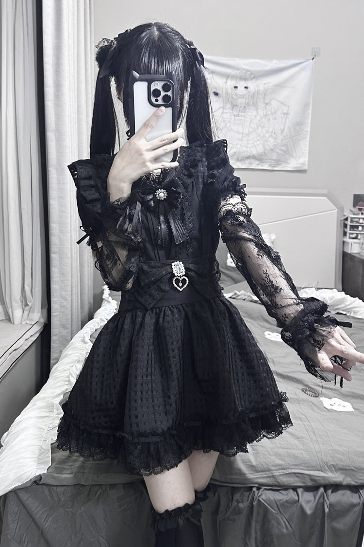 Black Ruffle Hollow Bowknot Lace Jirai Kei Japanese Skirt - Black - 1