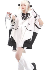 Black/White [Star Waves] Half Sleeves Jirai Kei Coat - Black/White - 1