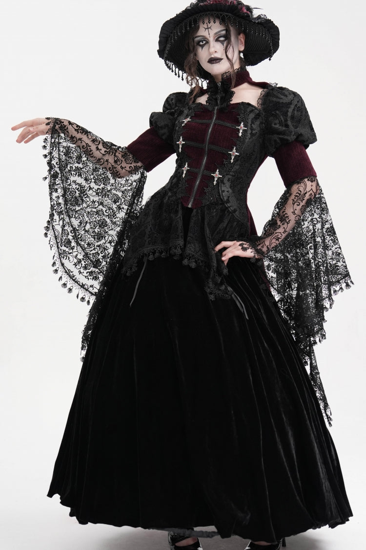 Wine Red Long Sleeves Hollow Lace Tassels Women's Gothic Jacket - Product - 2