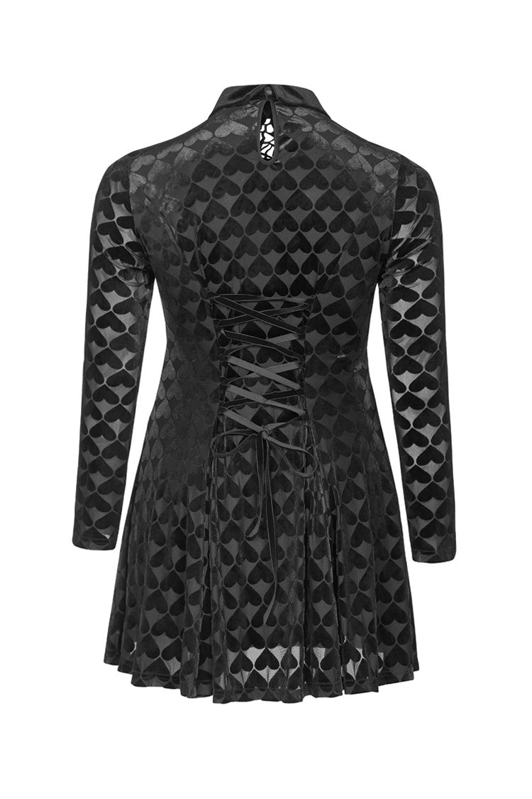 Black Front Chest Hollow-Out Decals Long Sleeve Back Waist Lace-Up Plus Size Mercerized Velvet Print Women's Gothic Dress - Product - 7