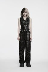 Black Patchwork Eyelet Women's Punk Cool Straight-leg Pants With Multi Pocket - Product - 2