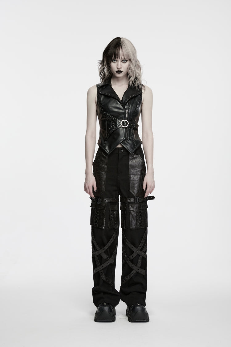 Black Patchwork Eyelet Women's Punk Cool Straight-leg Pants With Multi Pocket - Product - 2