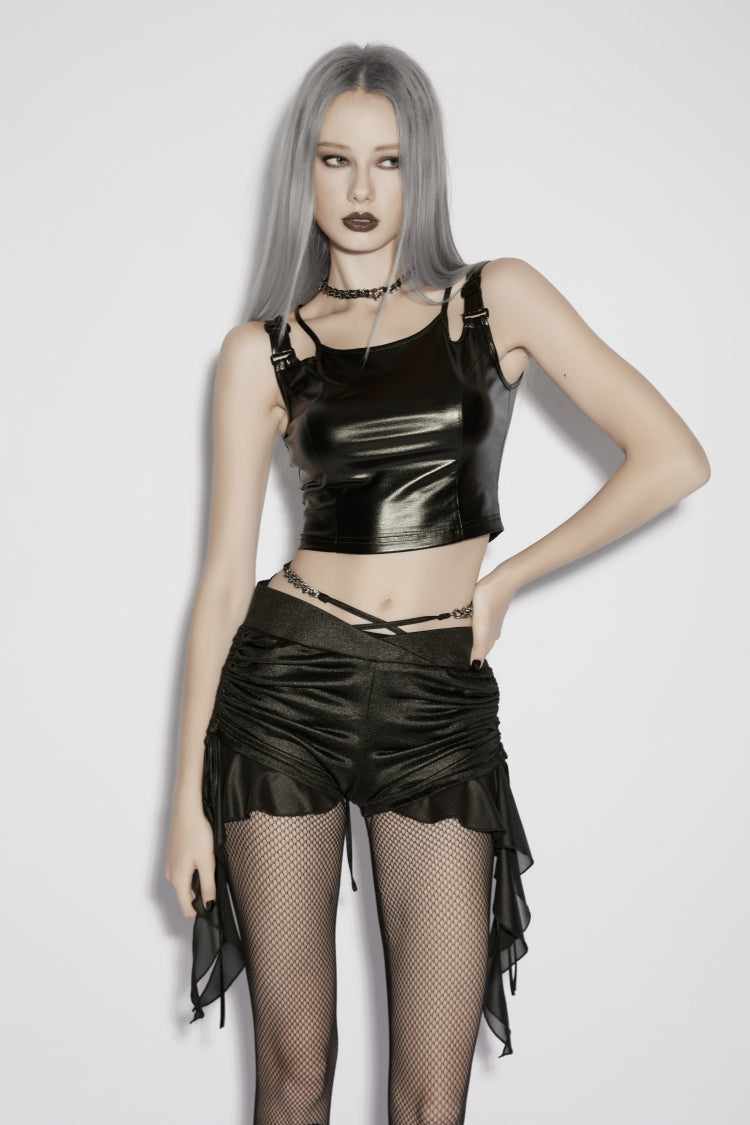 Black Square Collar Off Shoulder Halterneck Sleeveless Slim Buckled Women's Punk Vest - Product - 5