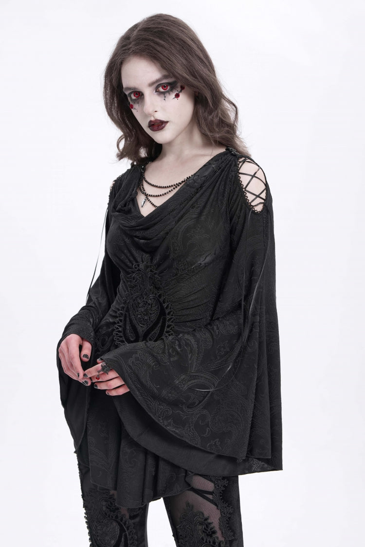 Black Long Trumpet Sleeves Print Embroidery Women's Gothic Blouse - Product - 6