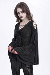 Black Long Trumpet Sleeves Print Embroidery Women's Gothic Blouse - Product - 6