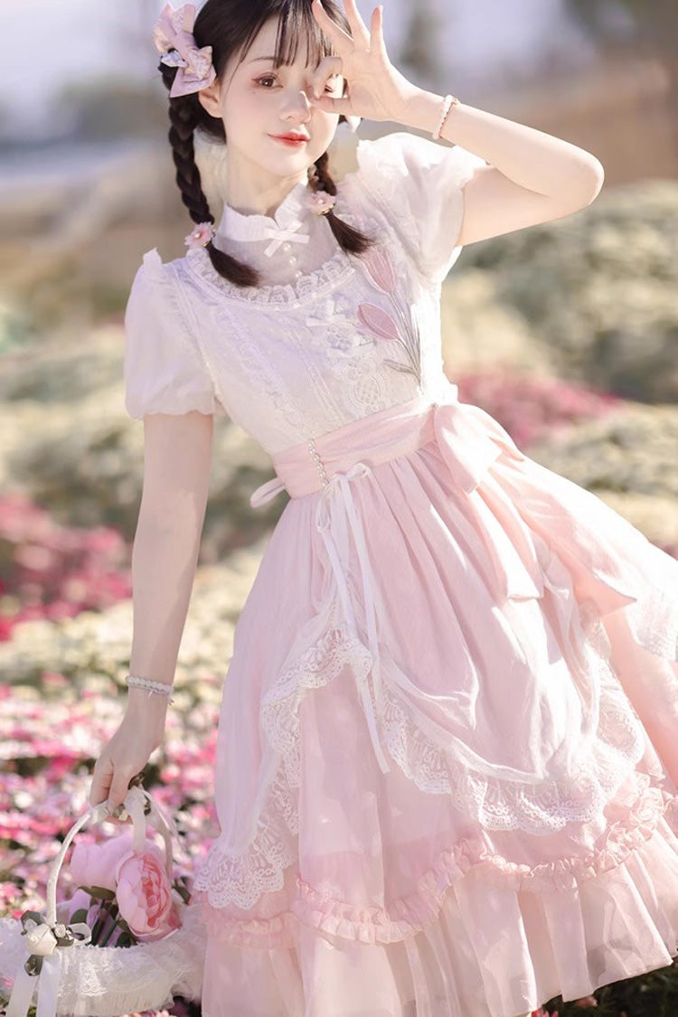 Pink Chinese Style Short Sleeves Princess Ruffle Sweet Lolita Dress - Product - 3
