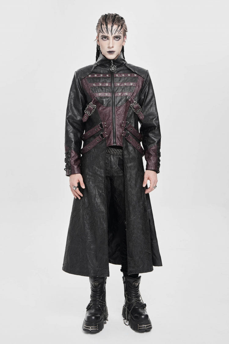 Black/Red Stand Collar Zipper Straps Eyelet Men's Punk Coat - Black/Red - 1