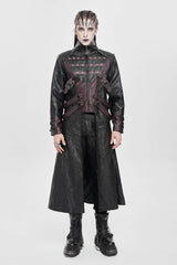 Black/Red Stand Collar Zipper Straps Eyelet Men's Punk Coat - Black/Red - 1