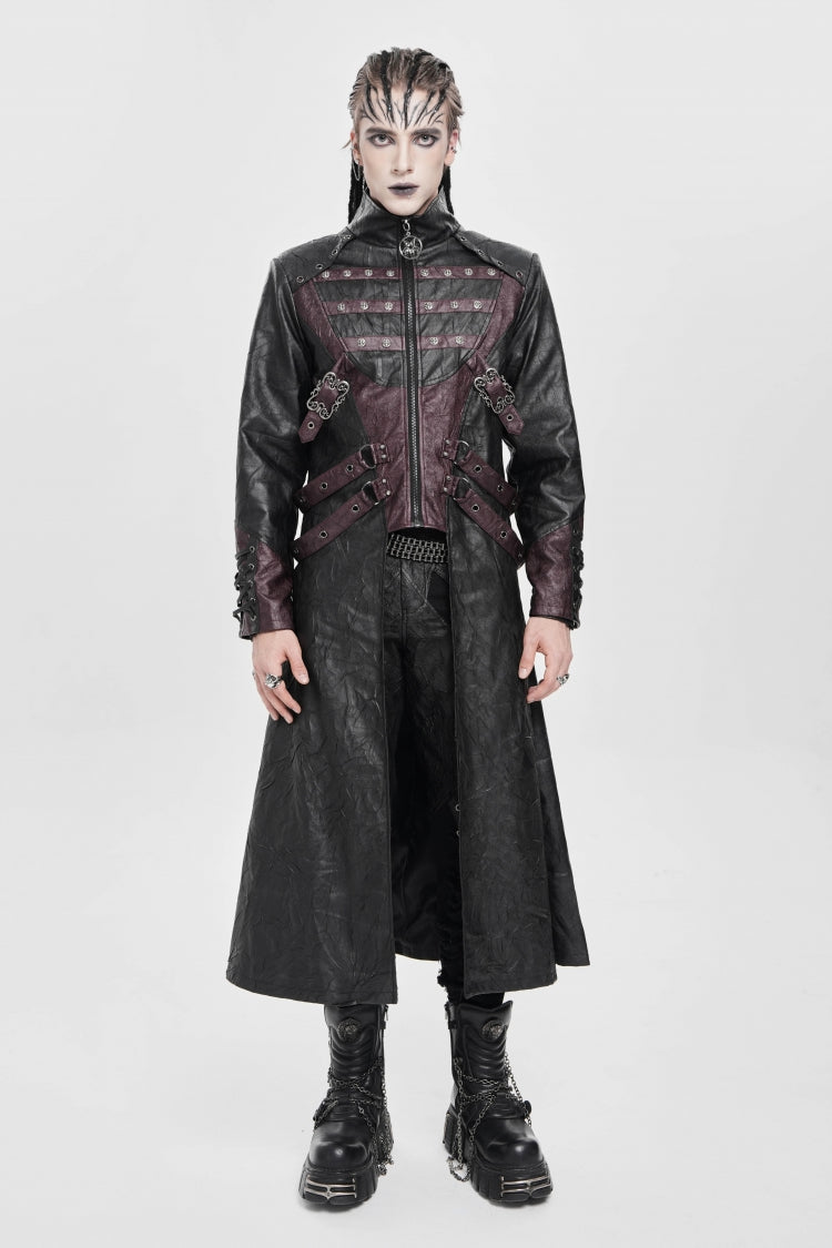 Black/Red Stand Collar Zipper Straps Eyelet Men's Punk Coat - Black/Red - 1
