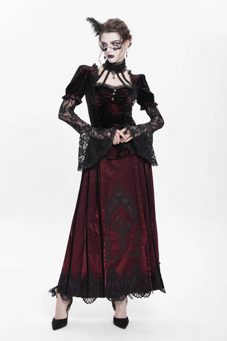 Red  Long Trumpet Sleeves Lace Mesh Faux Two-Piece Pleated Eyelet Women's Gothic Palace Velvet Blouse - Product - 9