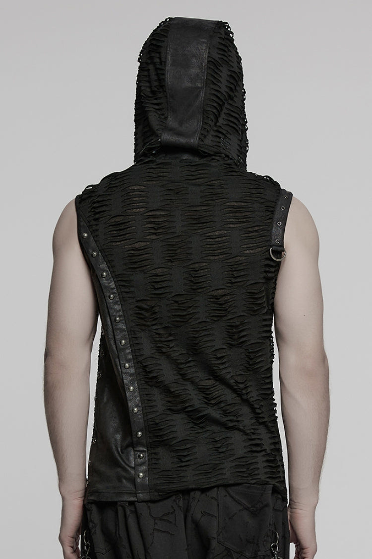 Black Sleeveless Hooded Ripped Ruched Men's Punk Vest - Product - 3