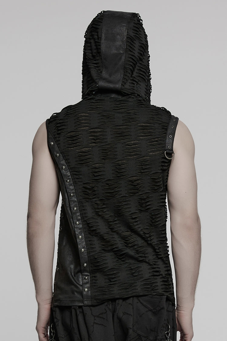 Black Sleeveless Hooded Ripped Ruched Men's Punk Vest - Product - 3