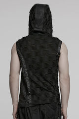 Black Sleeveless Hooded Ripped Ruched Men's Punk Vest - Product - 3