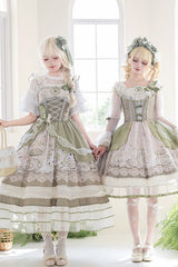 Green [Teacup Rabbit] Multi-Layered Print Ruffle Embroidery Bowknot Lace Asymmetric Sweet Elegant Lolita Jsk Dress - Product - 4