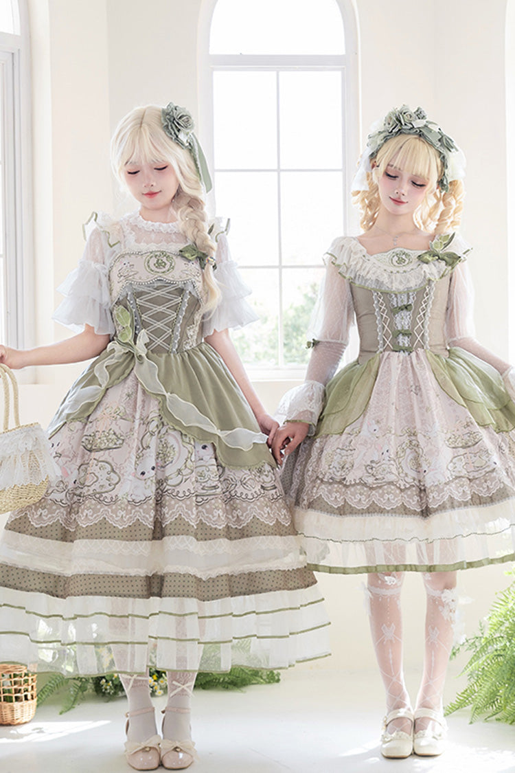 Green [Teacup Rabbit] Multi-Layered Print Ruffle Embroidery Bowknot Lace Asymmetric Sweet Elegant Lolita Jsk Dress - Product - 4