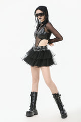 Black Multi-Layered Lace Mesh Women's Punk Short Skirt with D-Ring Ties Waist - Product - 8