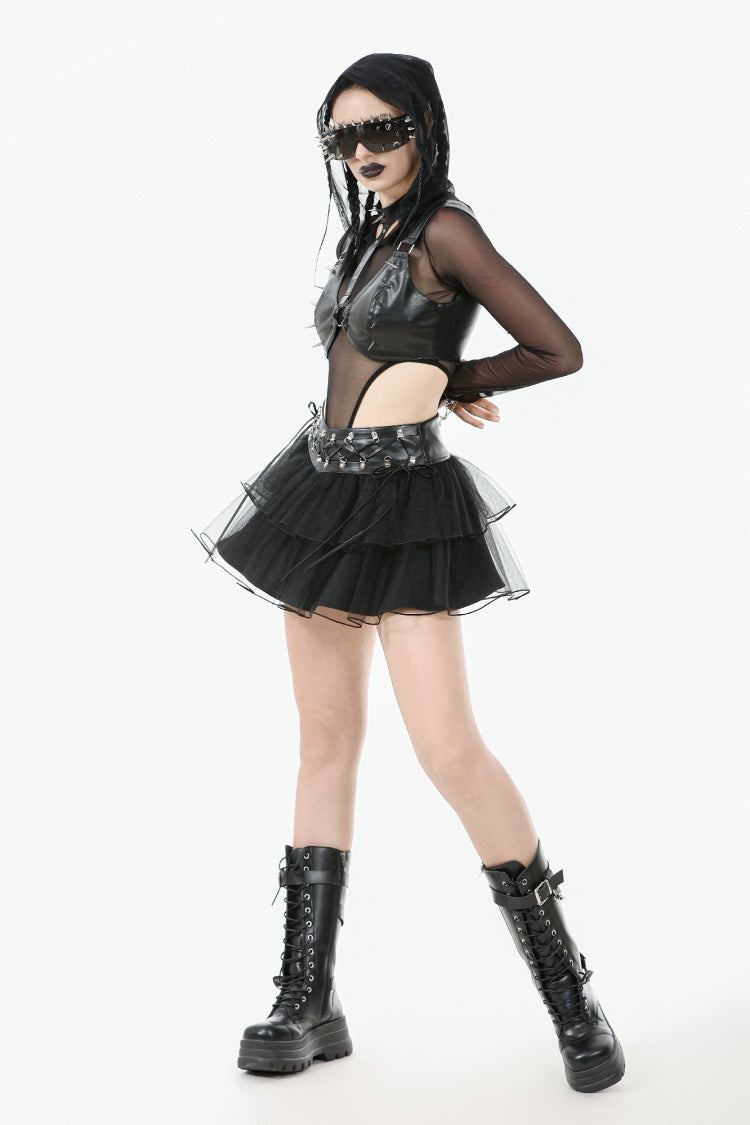 Black Multi-Layered Lace Mesh Women's Punk Short Skirt with D-Ring Ties Waist - Product - 8
