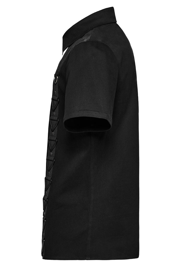 Black Lapel Collar Short Sleeves Stitching Men's Punk Blouse - Product - 6