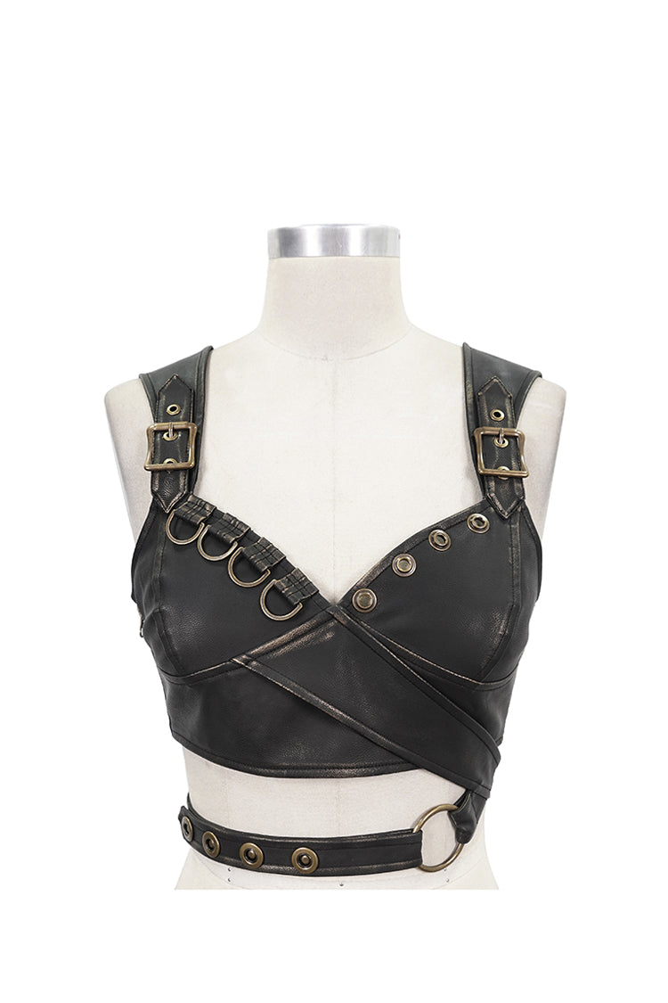 Brown Vintage Hand Wiped Leather Shoulder Loop Backless Lace Up Short Women's Punk Waistcoat - Product - 6
