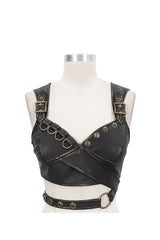 Brown Vintage Hand Wiped Leather Shoulder Loop Backless Lace Up Short Women's Punk Waistcoat - Product - 6