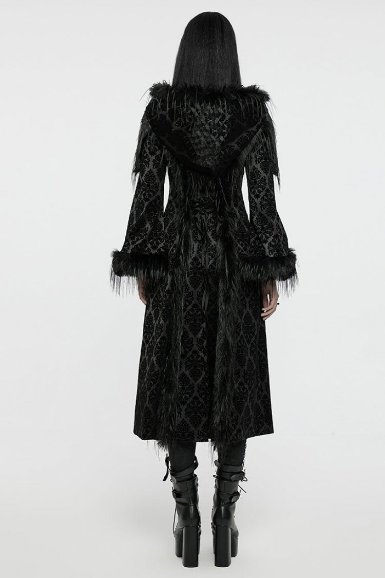Black Stand Collar Long Sleeves Jacquard Print Stitching Hooded Women's Gothic Coat - Product - 3