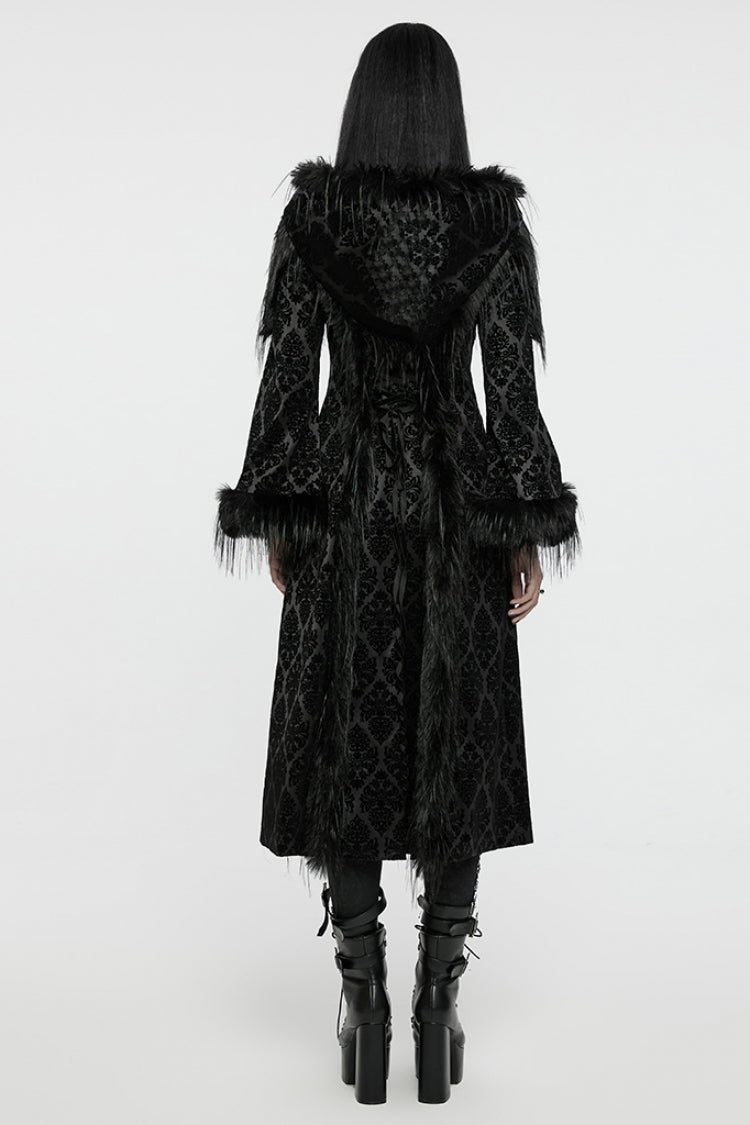 Black Stand Collar Long Sleeves Jacquard Print Stitching Hooded Women's Gothic Coat - Product - 3