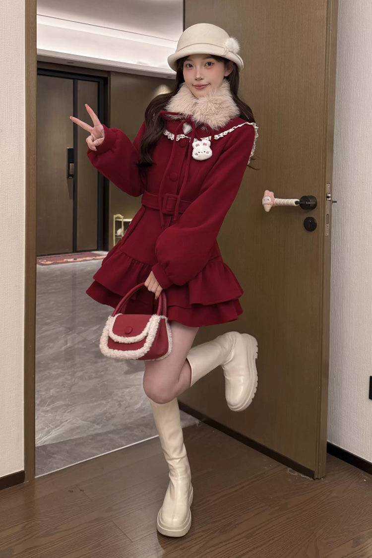 Red [Berry Champagne] Doll Collar Long Sleeves Double-Layered Ruffled Sweet Princess Lolita Wool-blend Coat - Product - 3