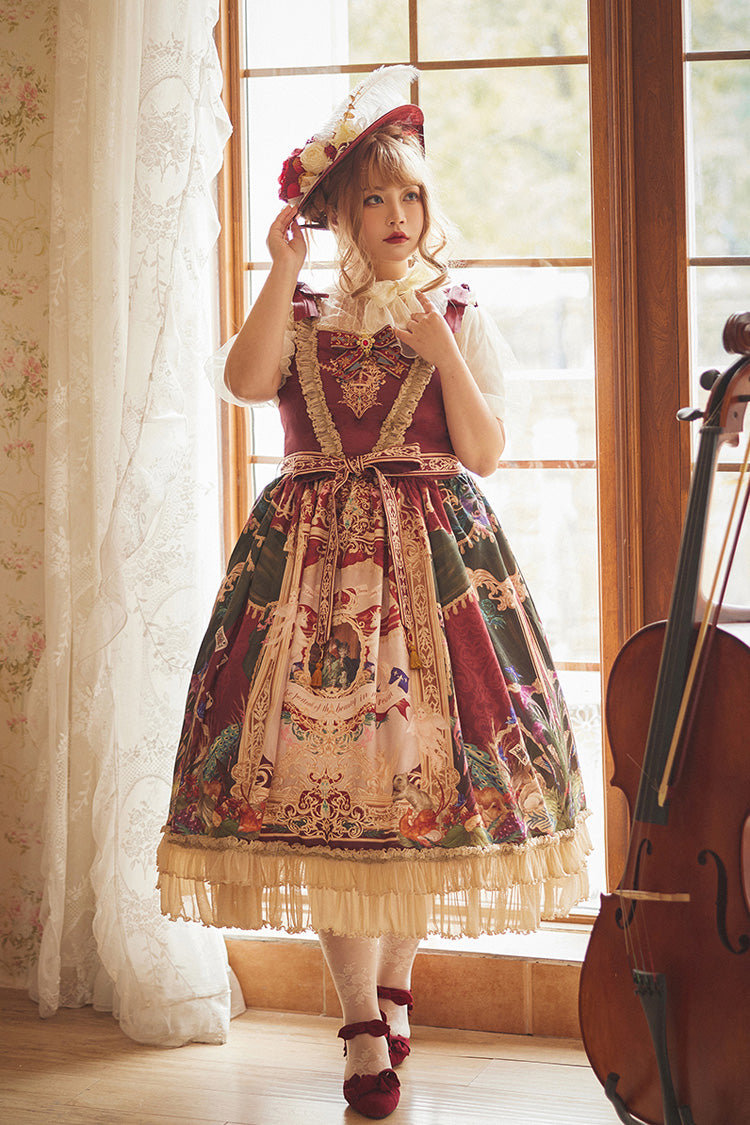 Red [Kaleidoscope of Dreams] Sleeveless Double-Layered Print Embroidery Bowknot Classic Vintage Gorgeous Lolita Jsk Dress - Product - 18