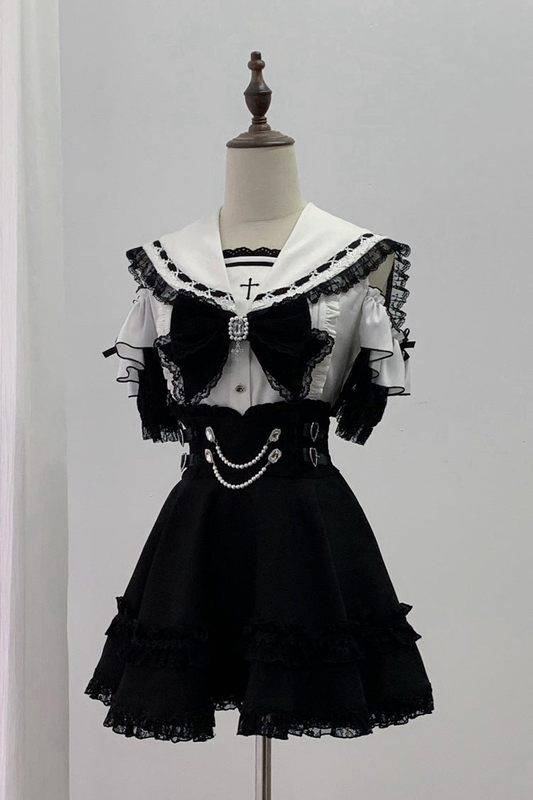 Black/White [Apprentice Witch] Off Shoulder Navy Collar Short Sleeves Ruffled Bow Lace Pearl Detail Classic Jirai Kei Japanese Skirt Set - Black/White(Set) - 1